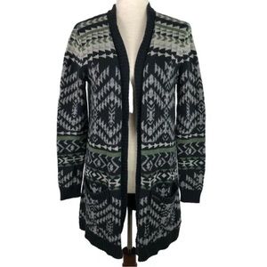 Roxy Aztec Tribal Print Long Line Open Front Boyfriend Cardigan - Green Black